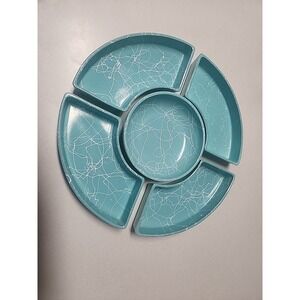 Vtg 5 Piece White Drizzle Glaze Turquoise Glass Relish Tray Mid Century Modern